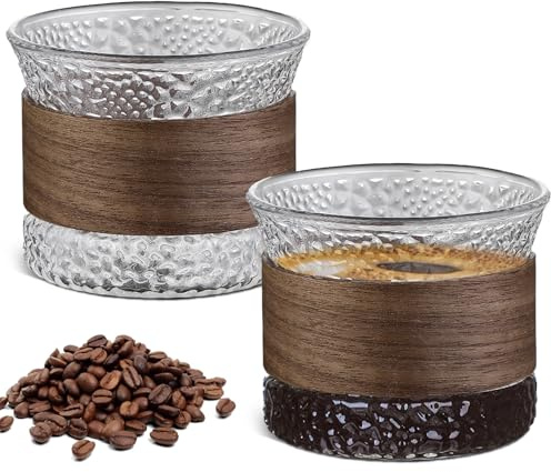 Uppsättning av 2 espressomuggar i glas – 150 ml cappuccino-koppar med valnöt, trämuggshylsa, espressokoppar, set med cappuccino-glas, mokka, koppset för kaffeälskare