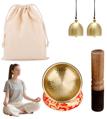 Juego de cuencos tibetanos tibetanos, cuenco de meditación martillado a mano, diámetro de 8,6 cm, de latón con mazo de madera, cojín y bolsa y 2 campanas de latón para yoga, meditación y relajación