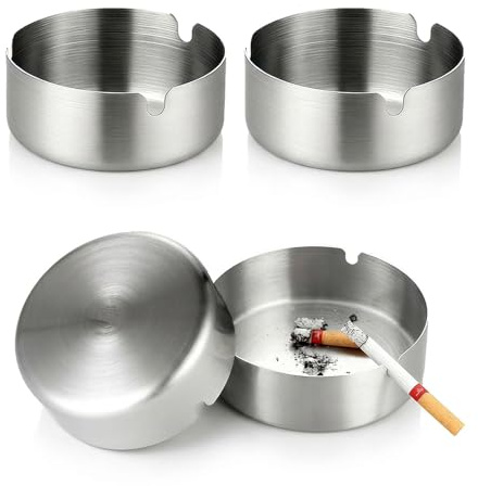4 PCS Stainless Steel Ashtray Set, 8cm Diameter Small Round Ash Trays with 3 grooves for Home, Office, Bars - Indoor & Outdoor Use (Silver)