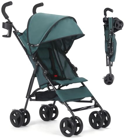 Baby Stroller,Travel Umbrella Stroller with Foldable Pushchair with Adjustable Canopy, Folding Infant Pram Stroller with Storage Basket,Cup Holder,Suspension Wheels for Infants 3-36M(Dark Green)