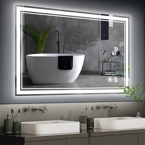 NUEDOVN 101 x 81 cm, miroir de salle de bain avec lumières, miroir LED pour salle de bain, anti-buée, intensité variable, 3 couleurs, fonction mémoire, miroir cosmétique, miroir intelligent, montage