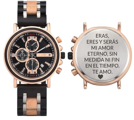 Reloj Madera Personalizado Hombre-Grabado Perdonalizable Regalo Boda Cumpleaños o Momento Especial Artesanal Movimiento Japones Cristal Durolex Resistente Agua Elegante Exclusivo
