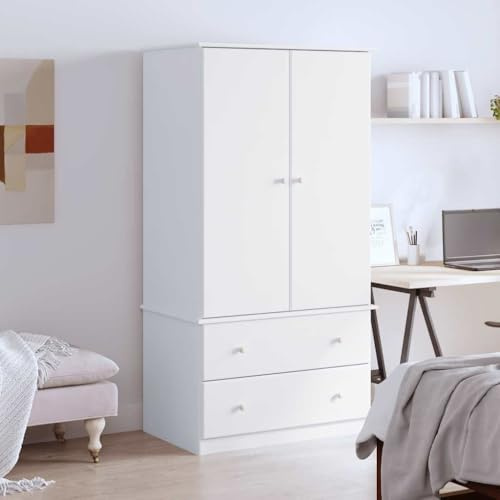 Augerlite Garderob ALTA vit av massiv furu 90 x 55 x 170 cm med klädstång och lådor för sovrum, litet garderobsskåp med robust förvaringsutrymme
