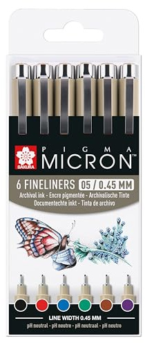 SAKURA fineliner set 6 stycken olika Färger vattentät storlek 0,45 mm