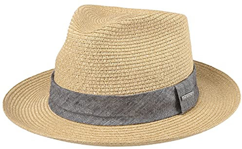 Stetson Lintano Toyo Strohhut Damen Herren Fedora Mit Hutband Federleicht Reisehut Mit Futterband aus Baumwolle Sonnenhut Frühjahr Sommer Natur M (56-57 cm)