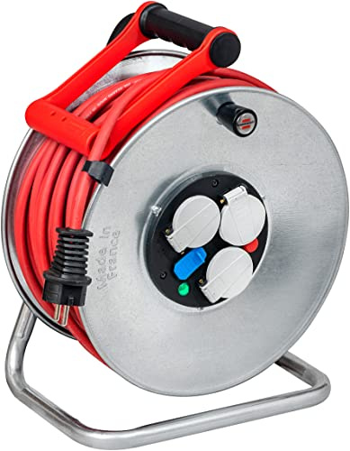 Brennenstuhl Enrouleur de câble Silver-40 avec USB/Enrouleur électrique 3 Prises de Courant avec clapet et 2 Prises-Chargeur USB (en extérieur, flasques en métal, 40m de câble, fabriqué en France)