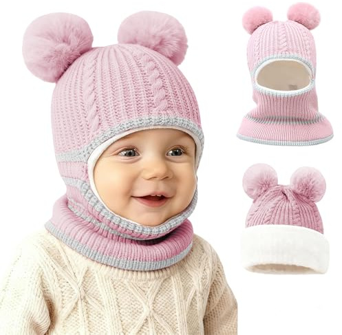 JFAN 2 in 1 Cappello Invernale per Bambini in Maglia Cappuccio Foderato in Pile Lana Ragazzo e Ragazza Earflap cap per 2 a 5 Anni Rosa