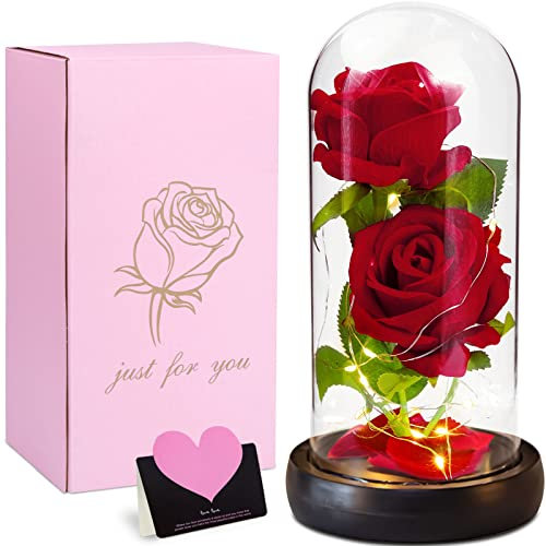 VIPNAJI Rose Eternelle sous Cloche, Cloche Enchantée Ornement Bureau, Faux Abat-Jour en Verre LED - Mariage Maison Décor,Cadeau pour Femme/Mere/Mamie/Petite Amie,Valentin Fete, Multicolore