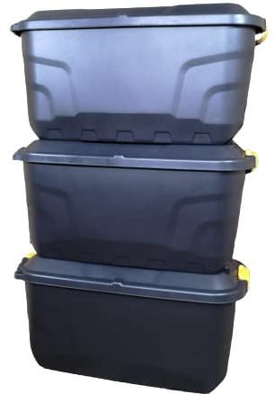 Samuel ALEXANDER 3 x 75L Heavy Duty Trunks on Wheels Sturdy, Lockable, Stackable and Nestable Design Storage Chest with Clips in Black