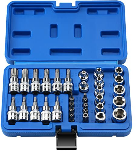 34 Stück E-TORX STAR SCKET SET mit CRV E-Socket-Set E4-20, S2 TORX-Bit-Socket Set T10-60, pensionierter Beweis TORX-BIT TT10-TT55 und 5/16 F bis 3/8 M-Adapter, 3/8-Zoll-Antriebs-Torx-Bit-Sockel
