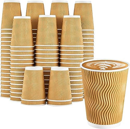 LATERN 50 Piezas Tazas de Café de Papel Kraft, 360ml Copas de Pared Onduladas Aisladas de 3 Capas Vasos para Llevar Reciclables Desechables para Café, Té y Otras Bebidas Frías y Calientes