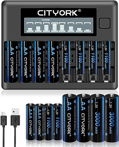 CITYORK Cargador de batería con 8 pilas AA de 3000 mAh y 8 pilas AAA de 1100 mAh, para pilas AA, AAA NI-MH/NI-CD, 8 ranuras LCD