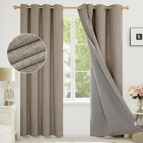 Deconovo 100% Blackout Thermal Bedroom Curtains 90 Inch Drop, Faux Linen Eyelet Curtains for Living Room with Coating, 46 x 90 Inch(Width x Length), Linen, One Pair