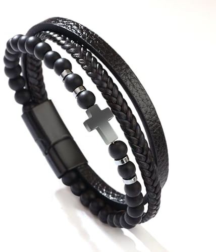 Kryzalite® Croix Obsidienne cadeau de baptême suspendu bracelet homme pierre parfumée, bracelet cuir véritable acier inoxydable, bijoux cadeaux pour homme