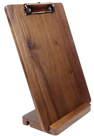 Schwarzes Walnussklemmbrett mit Basis-Set, kann aufrecht stehende Massivholz-Klemmbretter aufstellen, Hartholz-Klemmbrett mit Halterung (A4)