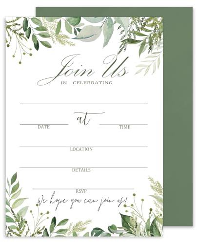 Whaline 25 Sets Greenery Invitations with Envelopes Stickers Watercolor Green Leaves Invitation Cards Blank Invites for Wedding Bridal Baby Shower Birthday Dinner Party, 5 x 7 Inch