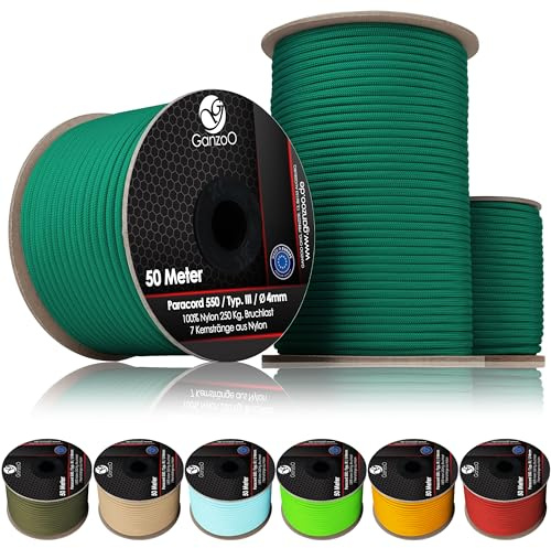 Ganzoo Paracord 550 100% nylon, 4 mm typ 3 med 7 kärntrådar och 32 flätor ytterhölje, 30 m på rulle, emerald green, för knytning, flätning, armband, nyckelring, hundhalsband och campingutrustning