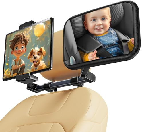Qloztyse Baby Car Mirror for Baby Rear Facing - Infant Back Seat Mirrors With Holder and Hooks for Fixed Headrest Safety Large Wide Adjustable Auto Rearview, 2 In 1