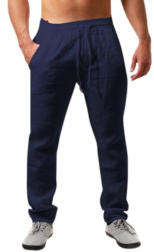 Runcati Pantalones de Lino para Hombre, Lisos, Largos, Ligeros, Holgados, con cordón, para Vacaciones, Playa, Uso Diario