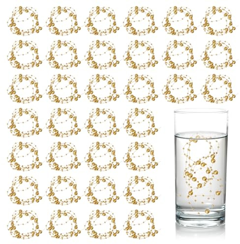 GLOBLELAND 30 Pcs Gold Artificial Pearl String for Floating Candles Imitation Pearls Beads String Buoyant Pearls Beads String for Vases Filler Wedding Christmas Party Decor