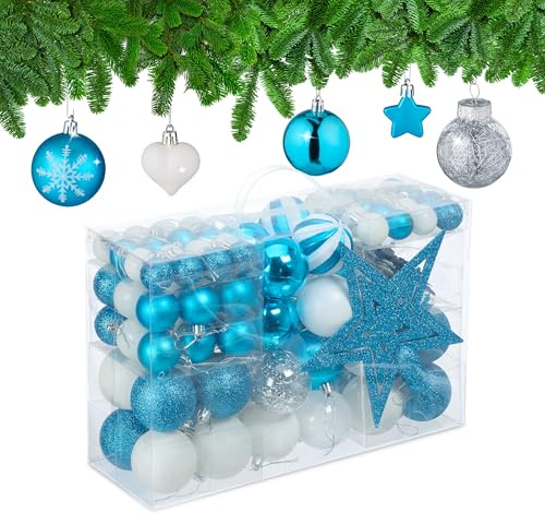 Relaxdays Weihnachtskugeln 101er Set, Kunststoff, Weihnachtsbaumdeko mit Kugeln & Spitze, Christbaumschmuck, Petrol/weiß