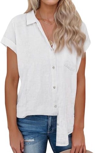 siliteelon Linen Shirts for Women Button Down Shirts Short Sleeve Cotton Collared V Neck Solid Casual Blouses with Pocket White Large