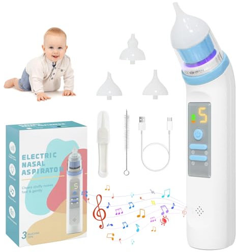 Nasensauger Baby Elektrisch, Nasensauger Baby mit 5 Saugstufen, Display, SOARFLY USB-Aufladbar Baby Nasensauger mit Musik, Licht, Geräuscharm, 3 Silikondüsen, Wasserdicht (Blau）