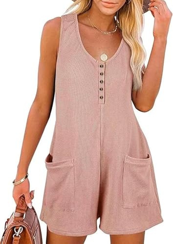 Sukiglam Mono Mujer Verano Sin Mangas Cuello en V Jumpsuit Corto Casual Sueltos Jumpsuit Petos Elegante Pierna Ancha Monos Tapeta de Botones Una Pieza Monos Pantalon con Bolsillos Playa Playsuit