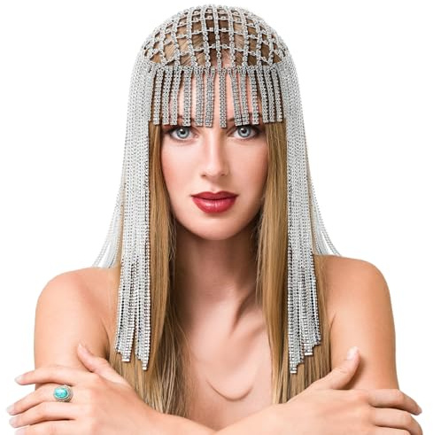 Quelay Rhinestone Headpiece Cap 1920s Long Tassel Crystal Diamond Flapper Head Chain Vintage Belly Dance Wedding Party Hair Accessories for Women Sliver