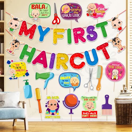 Zyozique® 17 Pcs Multicolor My First Hair Cut Theme Decorations Combo | My First Hair Cut Paper Banner & Photo Booth Props | Mundan Ceremony Decorations Item for Kids