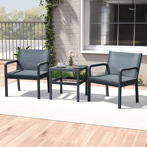 GIANTEX Set di mobili da giardino in rattan, per balconi, balconi, terrazze, per esterni, resistenti alle intemperie, in polipropilene, per 2 persone, set di mobili da balcone, 3 pezzi, 2 poltrone e