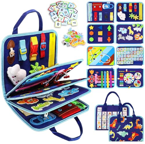 Esjay Busy Board Toddlers Toys, Montessori Busy Book for Fine Motor Skills Learning, Gifts for Boy Toddler Birthday, Toy for Travel Plane Car Activities, Sensory Early Educational(MultiPage Blue)