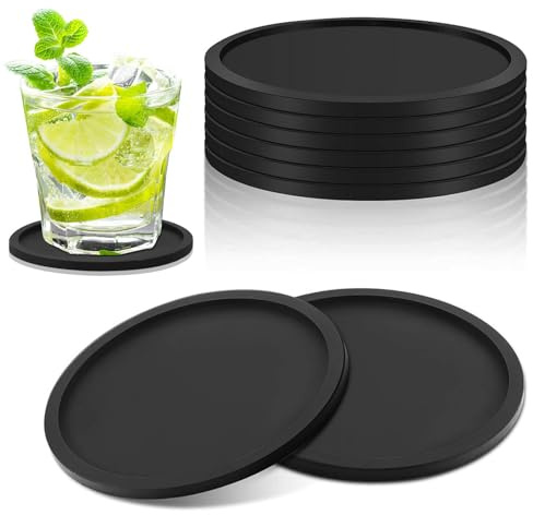 Funalix Juego de 10 Posavasos de Silicona Redondos, Antideslizantes Posavasos de Silicona, Aislantes y Lavables para Hogar, Bar, Tazas de Café y Cerveza (Negro)