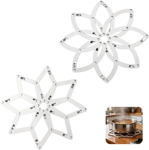 2 PCS Salvamanteles de Acero Inoxidable Retráctil, Salvamanteles de Metal Extensible (17cm-21.5cm) con Diseño de Copo de Nieve y Flor, Protector Resistente al Calor para Olla Platillo, Platos