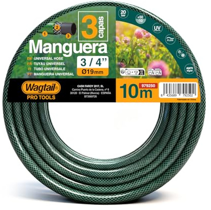 Manguera de Jardín 10 m 3/4” (Ø12 mm), Manguera de Riego de 3 Capas, Presión Máx. 20 Bar, Protección UV y Sistema Anti-Algas, Flexible para Jardín y Exterior (3/4pulgadas, 100, Centímetros)