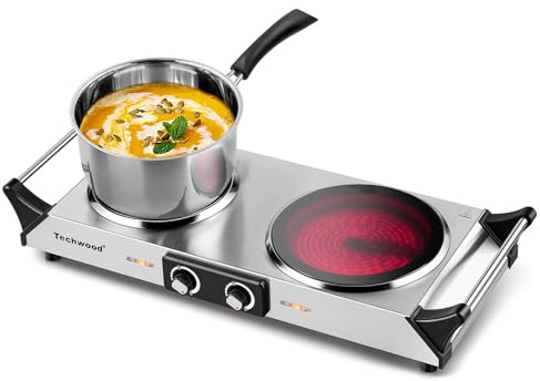 Techwood Electric Stove, Double Infrared Ceramic Hot Plate for Cooking, Two Control Cooktop Burner, Portable Anti-scald handles Suitable for Office/Home/Camp Use, 1800W Compatible for All Cookwares