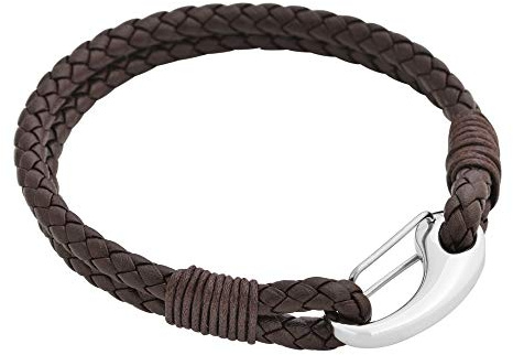 Edforce Braided Genuine Leather 2-Strand Cuff Bracelet with Stainless Steel Clasp (Brown)