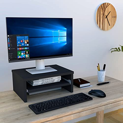 Henor Supporto monitor Rialzo Tv in legno con vassoio estraibile 42x32x18 cm. Portata 50 kg. Grafite