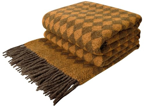 LYHome Coperta 100% Lana di Agnello - Copriletto per Letto Divano, Plaid Singolo Una Piazza e Mezza Matrimoniale, Coperte Pura Lana per Invernale Morbida e Calda (140x200 cm Marrone - Senape)