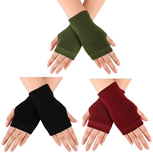 Geyoga 3 Paia Guanti Senza Dita in Cotone con Foro per il Pollice Unisex Manopole da Guida (Nero, Rosso Vino, Verde Militare)