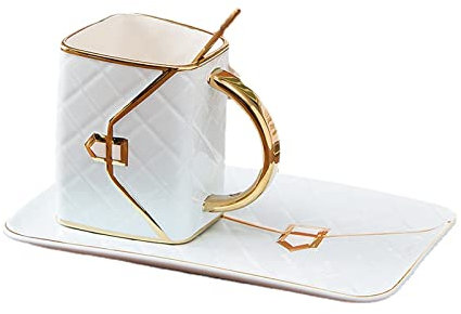 COGOALL Tasse à Café en Céramique, Tasse à Thé Et Ensemble Poêle à Frire (avec Cuillère), Tasse à Espresso De Style Sac à Main, Creative Bag Dessert Set Cadeau Tasse à Thé 310ml (Blue)