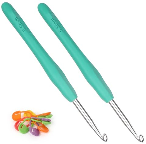 Coopay Agujas de ganchillo de 5,5 mm, 2 unidades de agujas de ganchillo de metal, agujas de ganchillo ergonómicas con mango suave para manos artriticas, agujas de ganchillo TPR para principiantes y