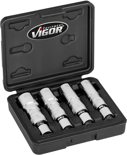 ViGOR Zündkerzen Steckschlüssel Satz V7002/4, 4-teilig, 3/8 Zoll Vierkant, Außen Doppelsechskant Profil, Größen 14-20,8 mm, Kugelgelenke für schwer zugängliche Stellen, magnetisch