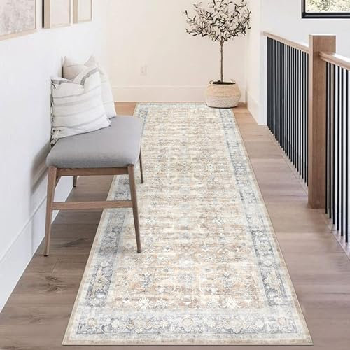 Homcomodar Alfombra Pasillo Antideslizante 80x200cm Vintage Alfombra Cocina Lavable Beige Alfombra Larga de Pasillo Cocina Lavadero Entrada Habitacion