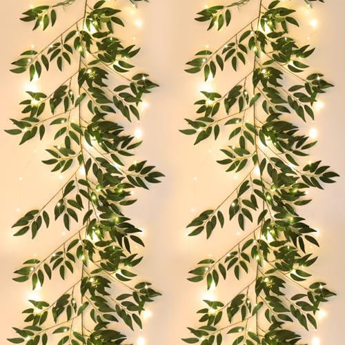 RECUTMS 2Pcs Artificial Silk Willow Leaves Vine with Light 5.9Ft | Lifelike Greenery Garland, Durable and Flexible, for Indoor Outdoor Wedding Birthday Party Home Garden Table Decor