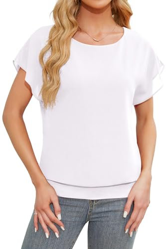 Anelune Damen Tops Sommer Locker Kurzarm Bluse Chiffon Elegante Leichte T-Shirts für Frauen Lässige Flowy Oberteile weiß L