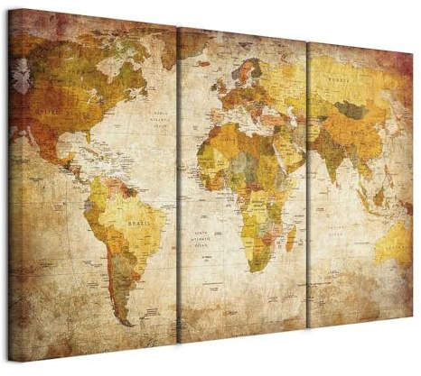B&D XL - Quadro Acustico Mappamondo 120x80 cm 3 Pezzi schiuma acustica Quadri Moderni - Stampa su Tela - Protezione dai Rumori Fonoassorbente Mappa del Mondo Marrone Vintage Beige 020213-2