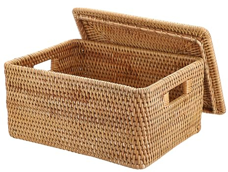 Hipiwe Wicker Storage Bins with Lid Handwoven Rattan Baskets Rectangular Decorative Shelf Baskets Bin with Handles Household Basket Boxes for Home Organizing,13.2L x10.2W x6.7H