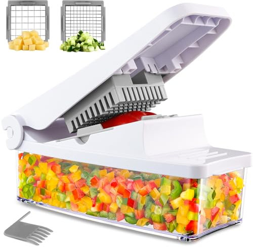 GDL Gemüseschneider, Würfelschneider mit 2 Austauschbare Klingen, Zwiebelschneider Kartoffelschneider Obstschneider mit 1.2L Behälter für Salat Zwiebel Kartoffel Karotte. (Weiß)