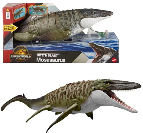 ​Mattel Jurassic World Rebirth Bite N Blast Mosasaurus Action Figure & Mini Dilophosaurus, Wide Jaw Dinosaur Toy, Movie-Accurate Posable, Digital Play, JJP80